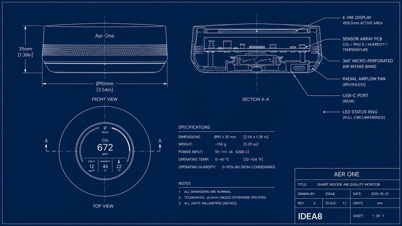 Section architecture: e-ink display, sensor-array PCB, intake band, radial fan, USB-C and status ring.