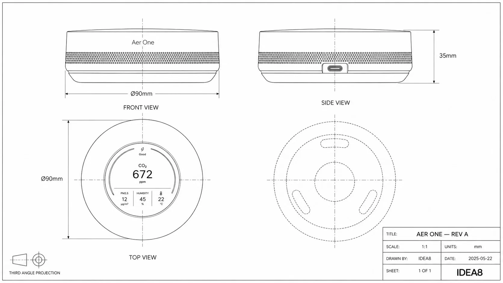 Orthographic drawing defining product envelope, USB-C access and circular base geometry.