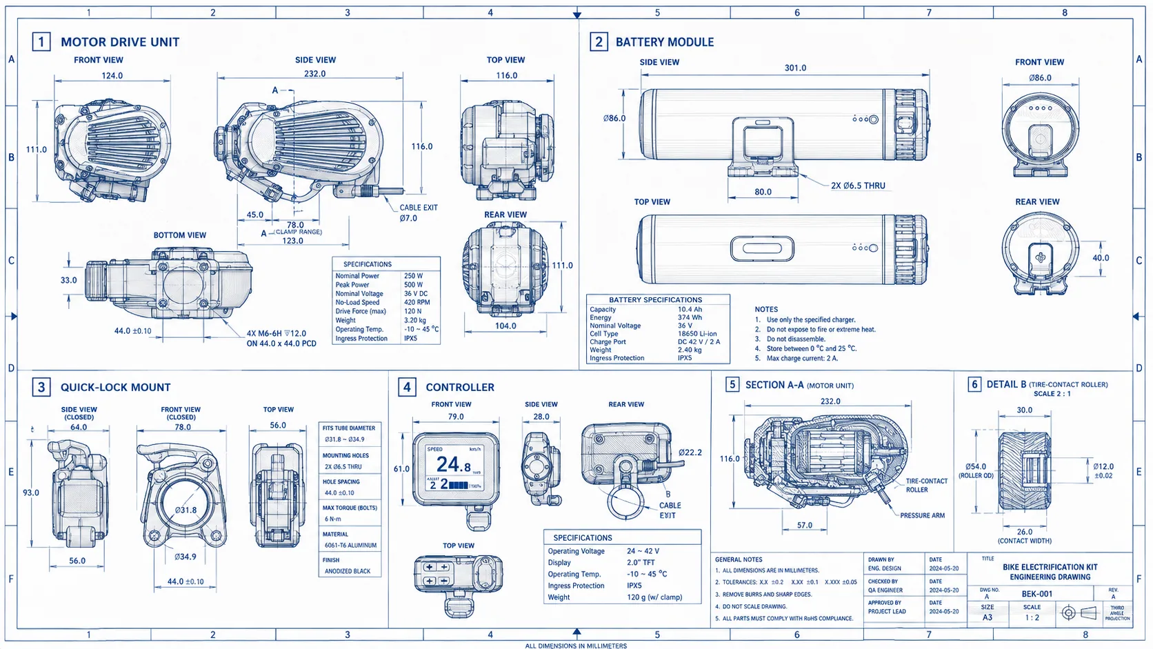 Released engineering drawing — motor drive unit and battery module dimensional definition.