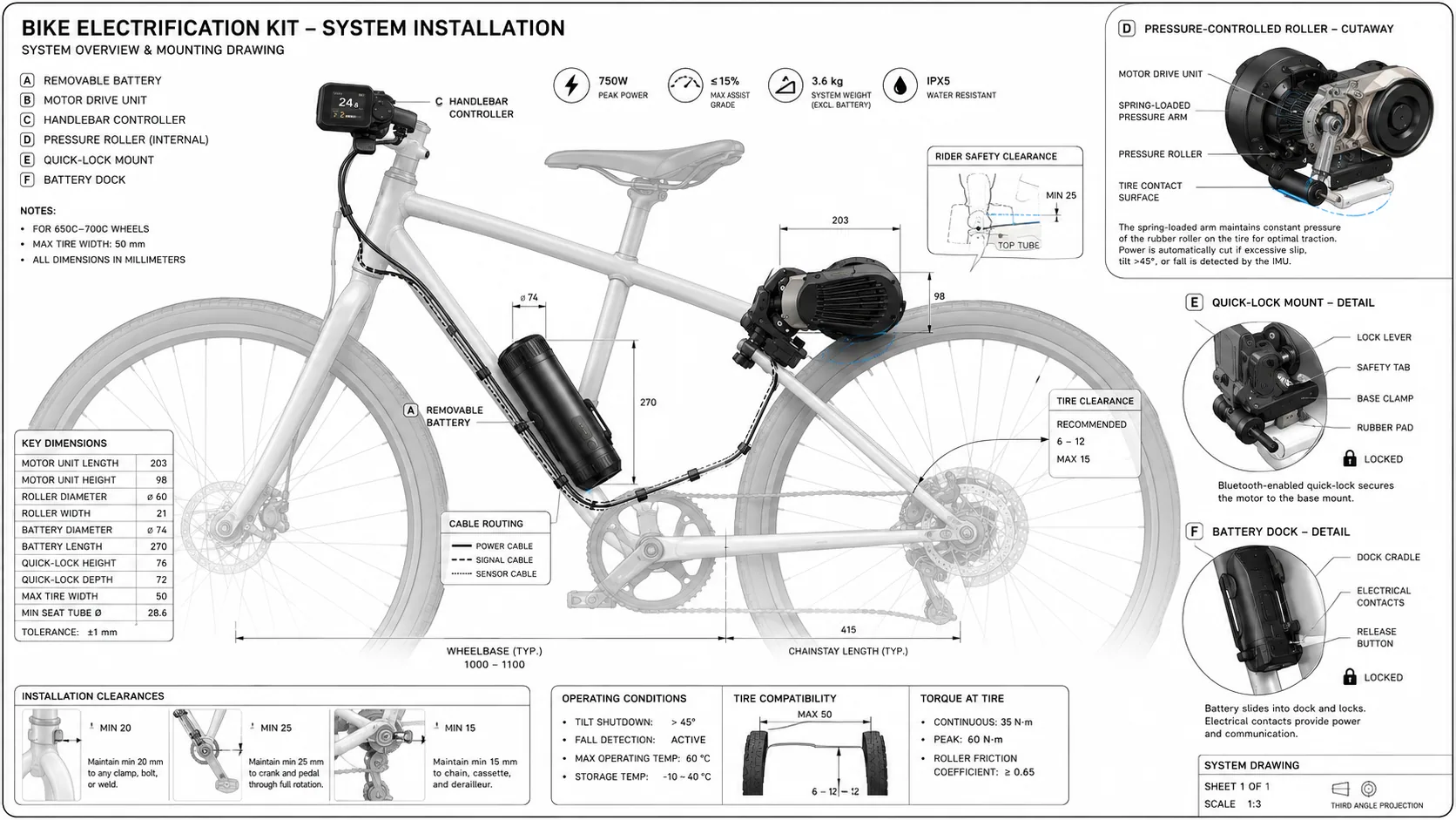 System installation drawing — clearances, tire compatibility, routing and safety interfaces.