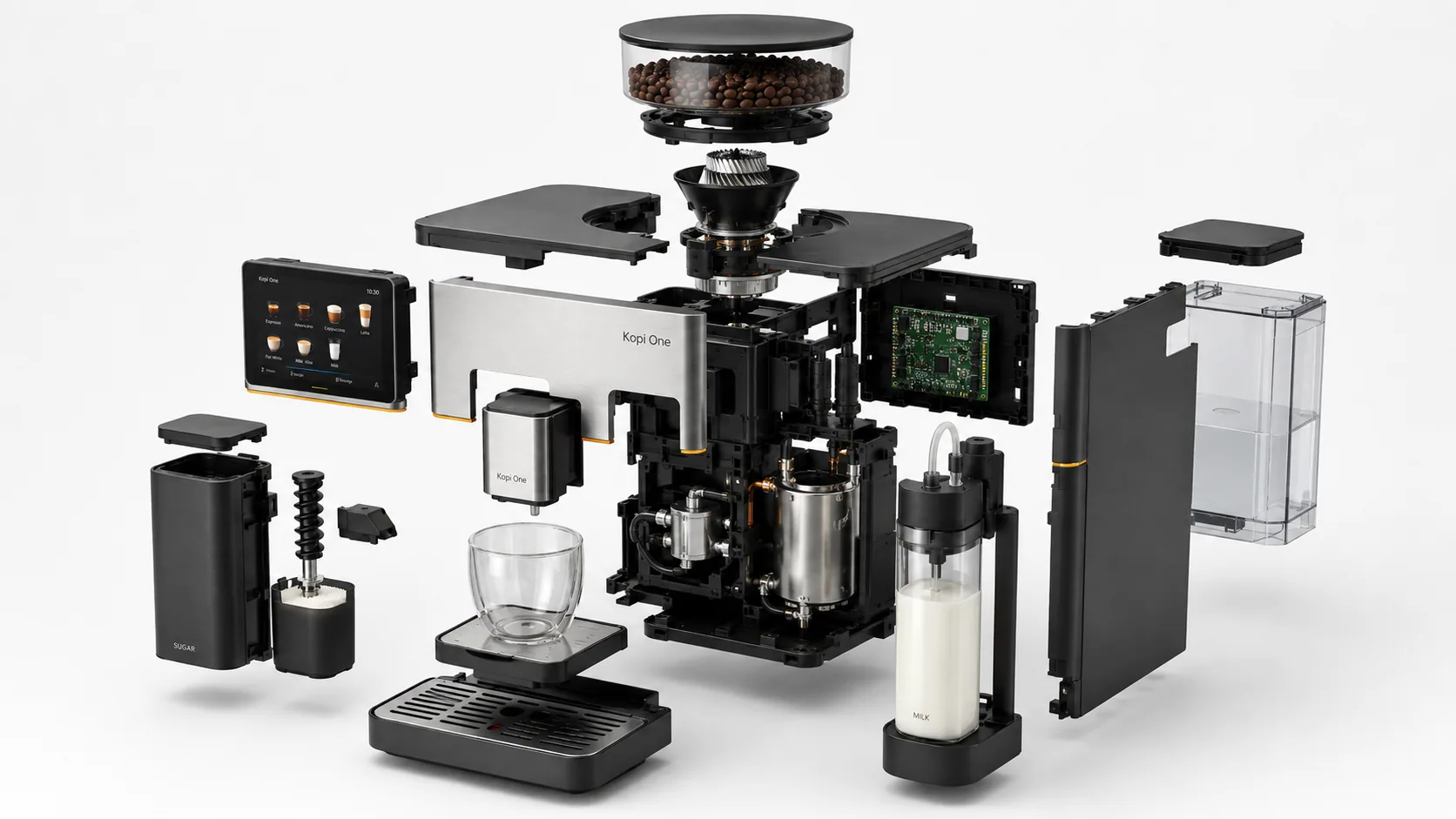 Kopi One finished product — integrated coffee, milk and sugar appliance.